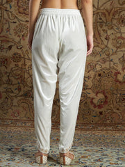 Women White Velvet Zari Embroidered Tulip Pants