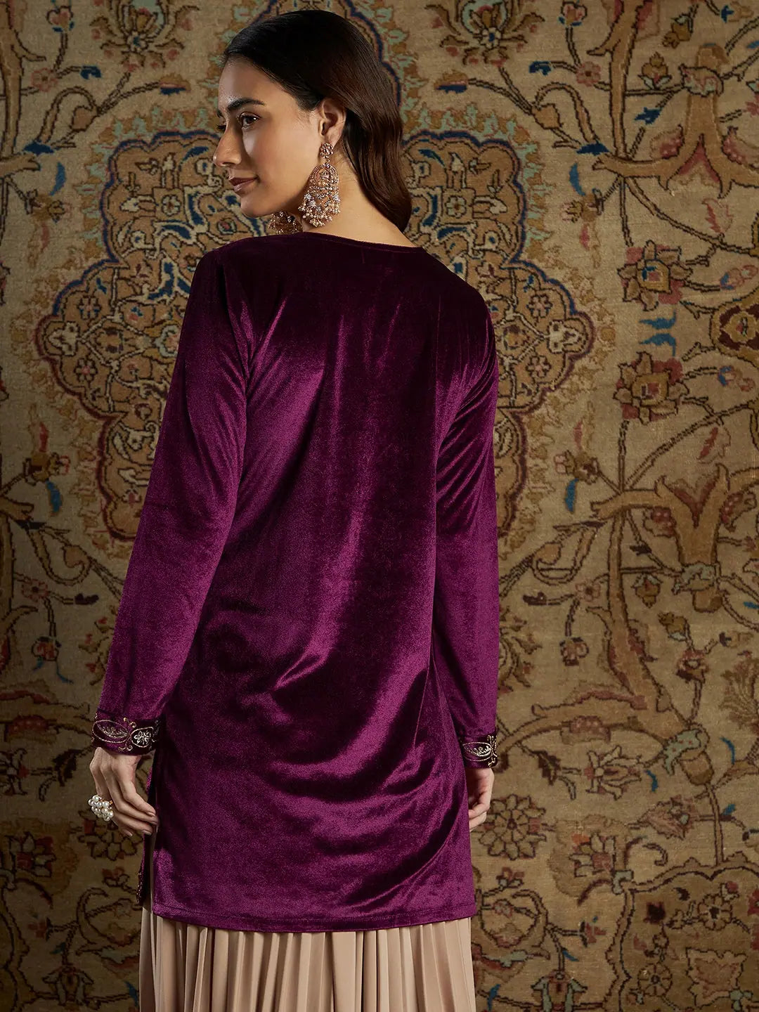 Burgundy Velvet Indian Kurtis - Zari Embroidered Tunic Tops