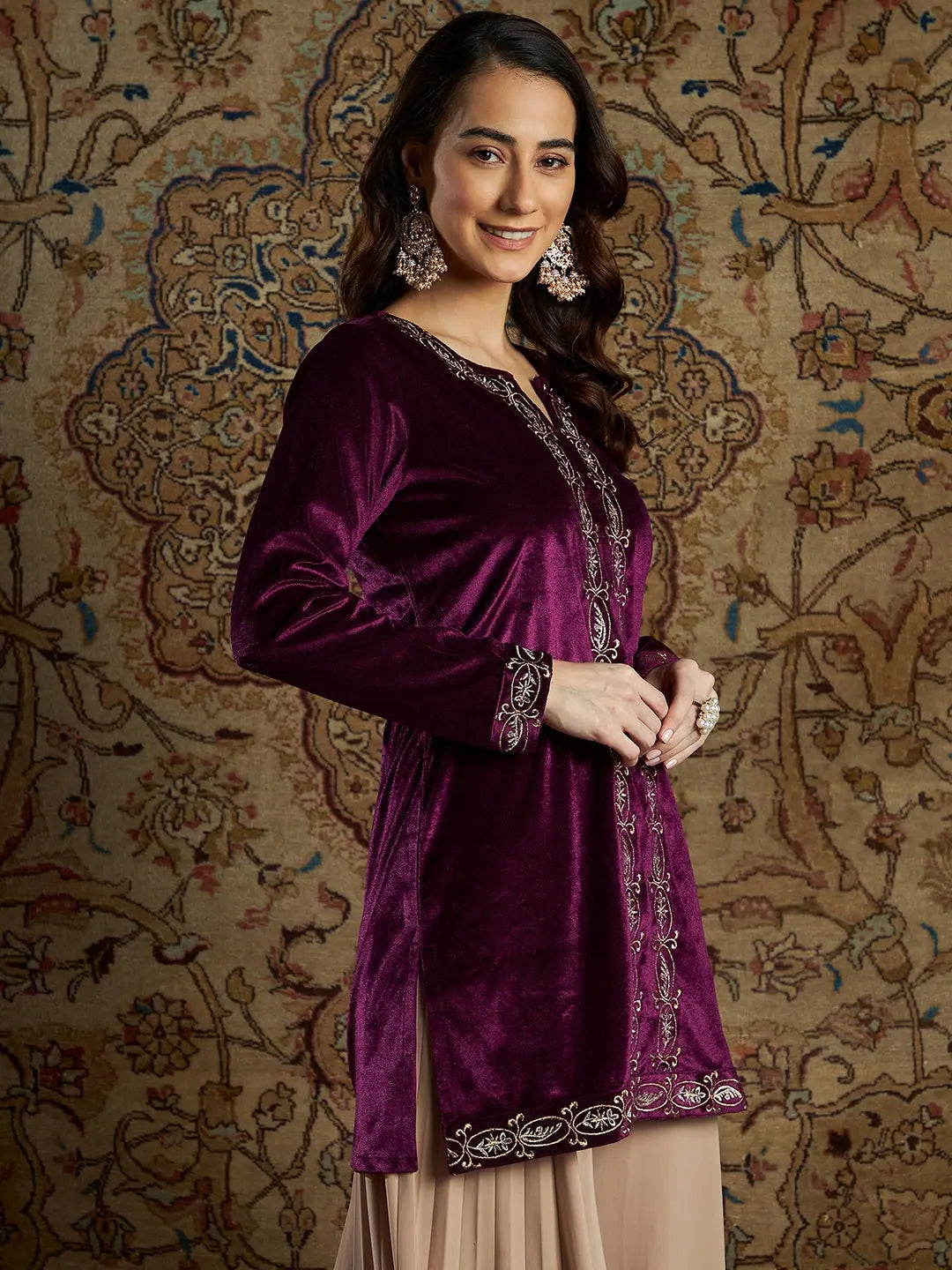 Burgundy Velvet Indian Kurtis - Zari Embroidered Tunic Tops