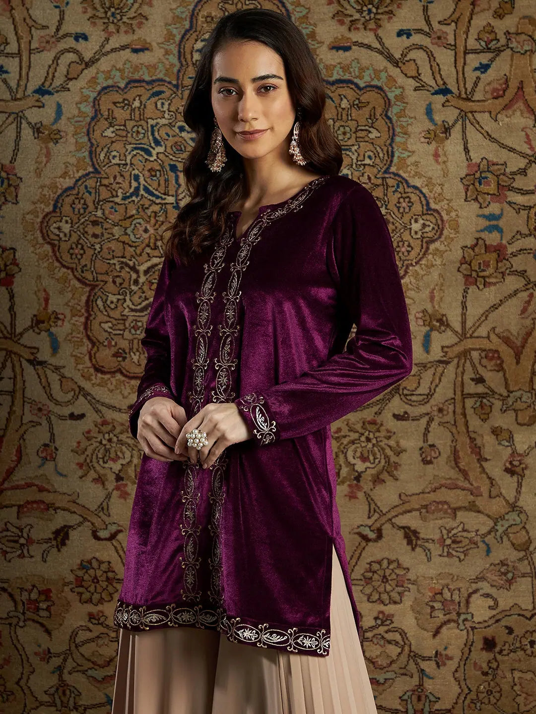 Burgundy Velvet Indian Kurtis - Zari Embroidered Tunic Tops