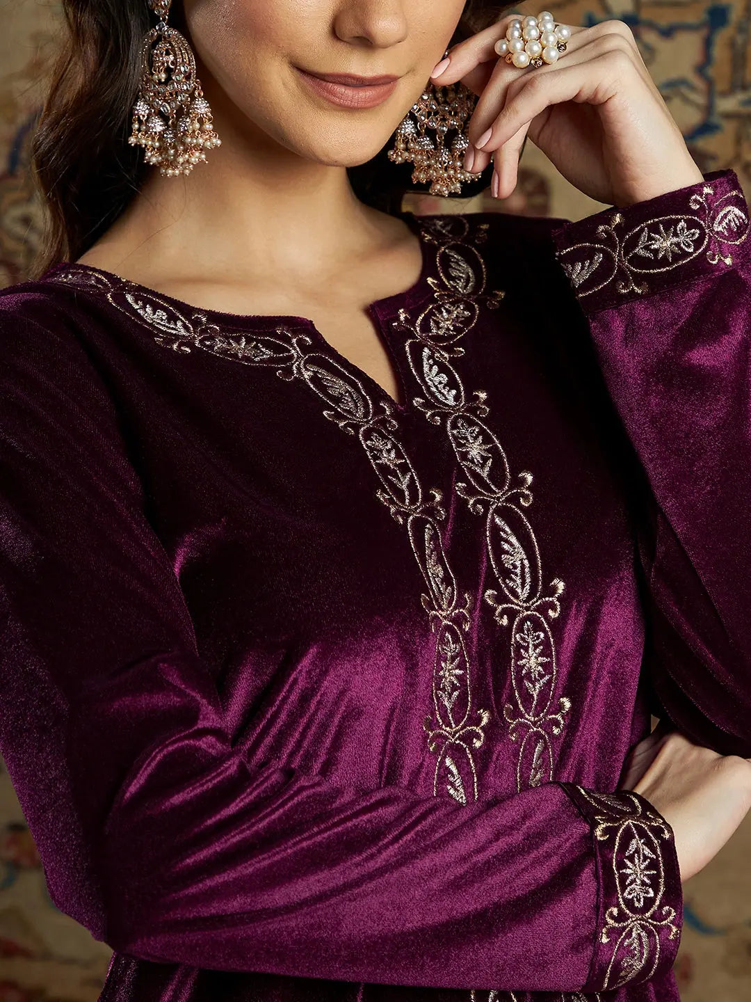 Burgundy Velvet Indian Kurtis - Zari Embroidered Tunic Tops