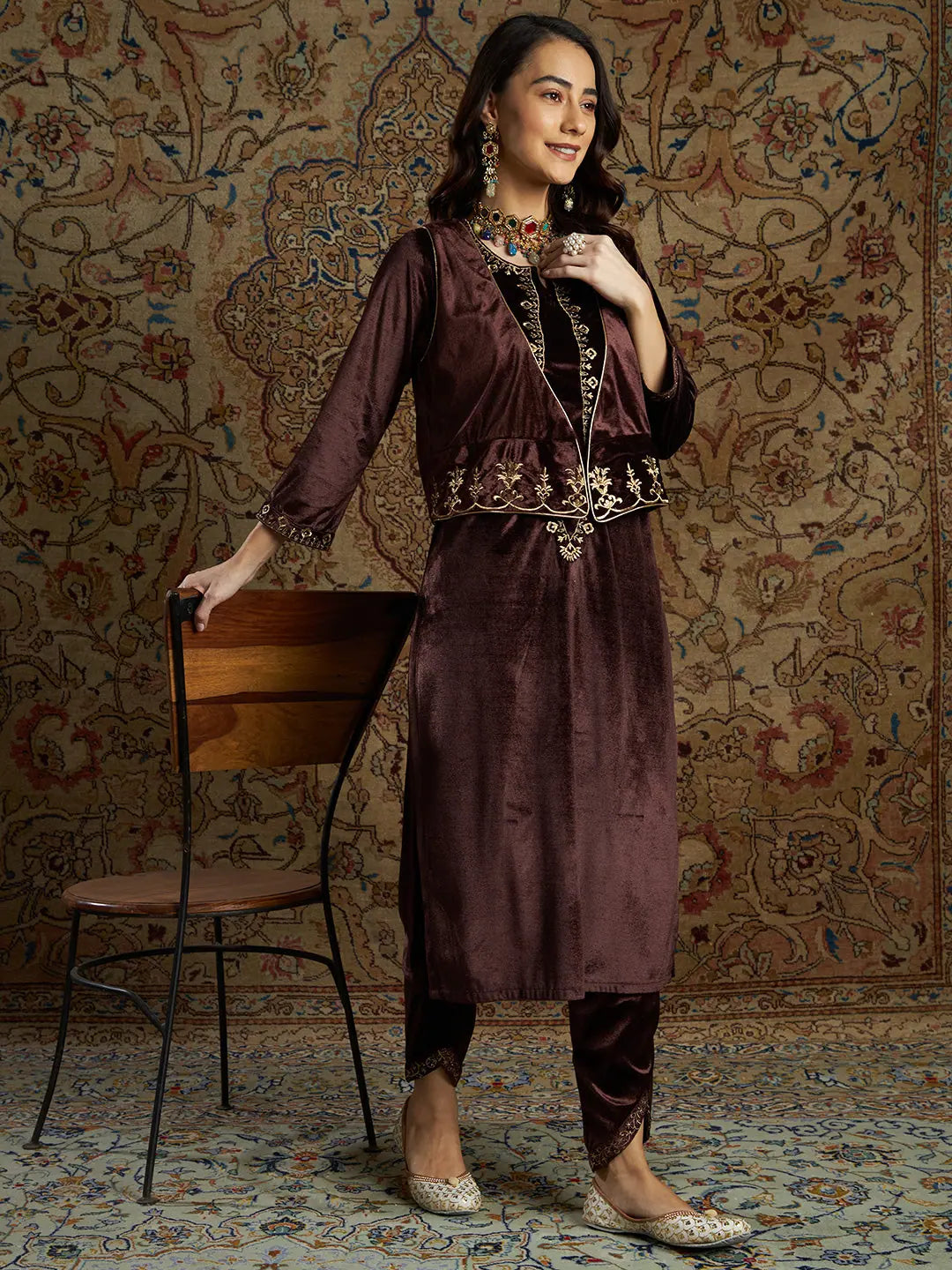 Embroidered Brown Velvet Jacket - Women's Outerwear