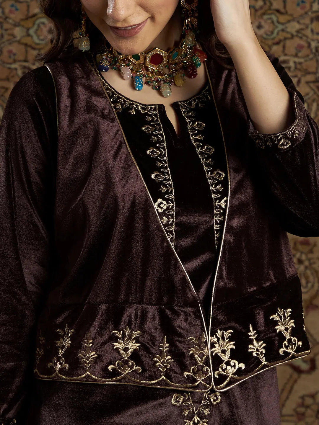Embroidered Brown Velvet Jacket - Women's Outerwear