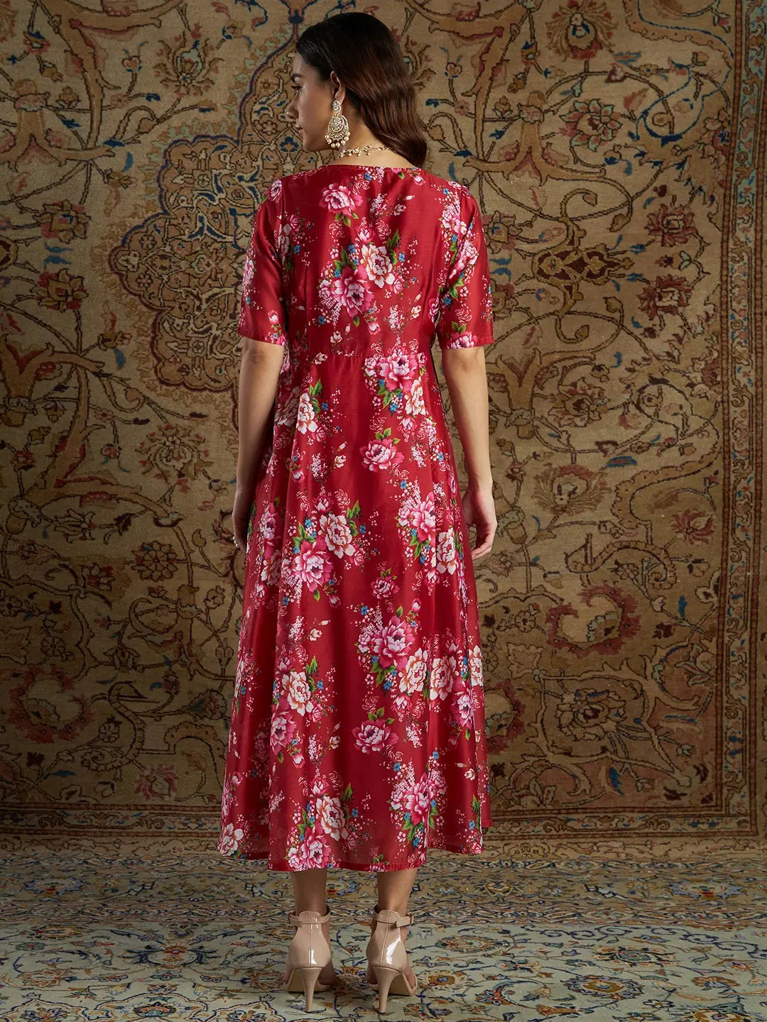 Maroon Chanderi Floral Anarkali Dress | Anarkali Kurti for Women