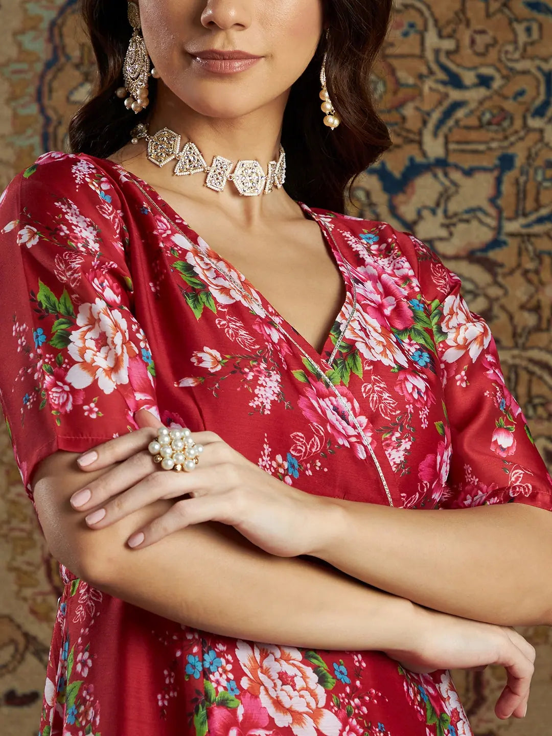 Maroon Chanderi Floral Anarkali Dress | Anarkali Kurti for Women