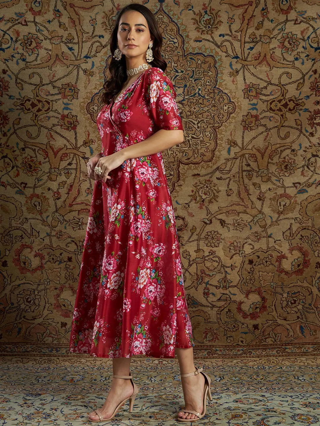 Maroon Chanderi Floral Anarkali Dress | Anarkali Kurti for Women