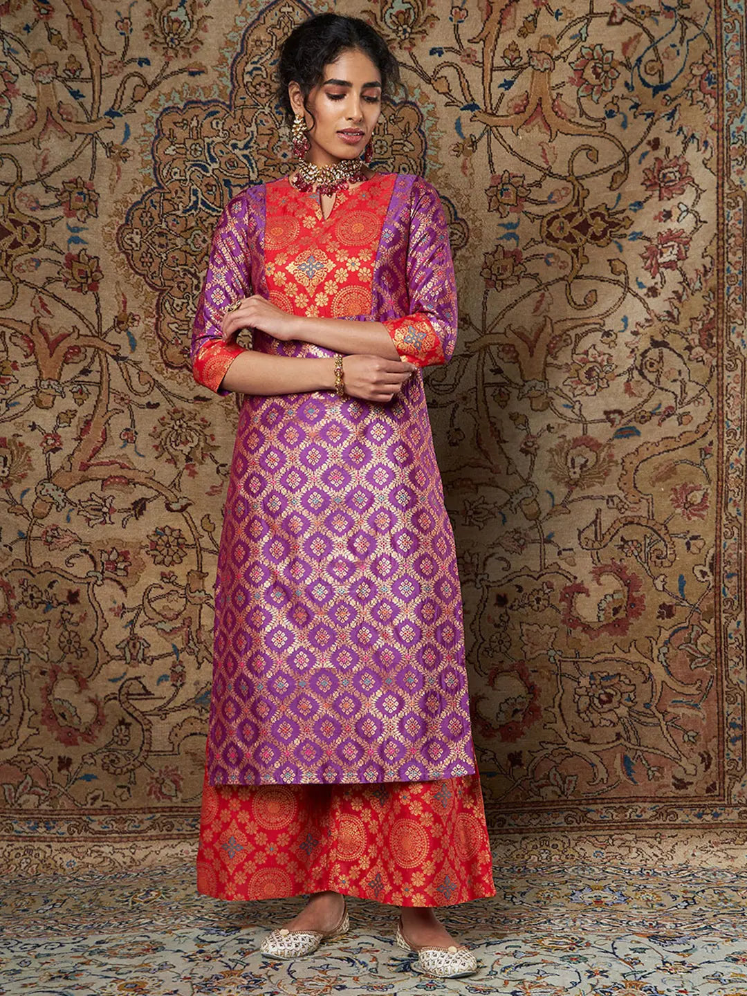 Purple & Red Brocade Indian Kurta - Straight Fit Kurtas