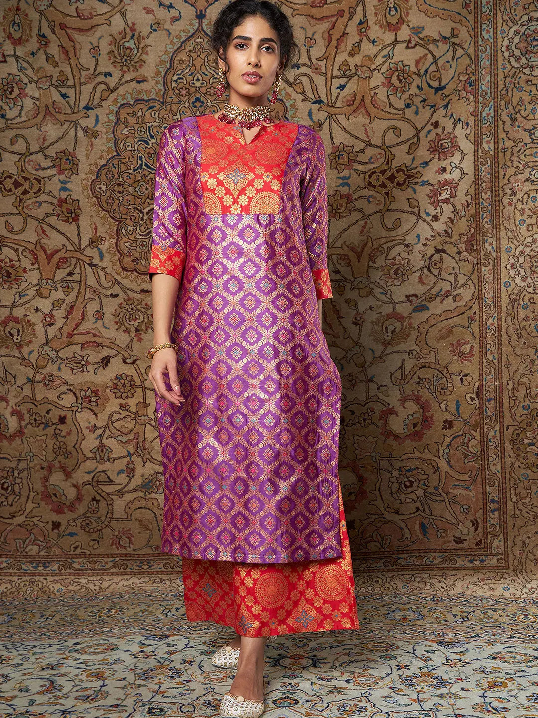 Purple & Red Brocade Indian Kurta - Straight Fit Kurtas