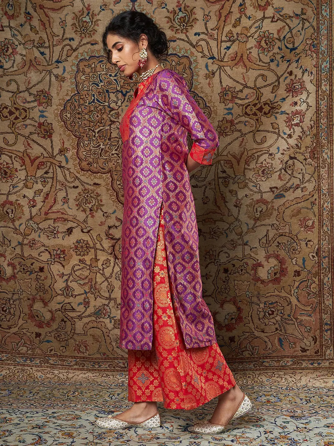 Purple & Red Brocade Indian Kurta - Straight Fit Kurtas