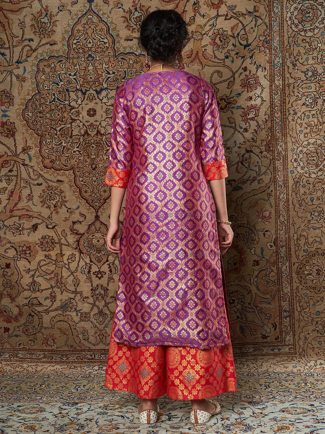 Purple & Red Brocade Indian Kurta - Straight Fit Kurtas