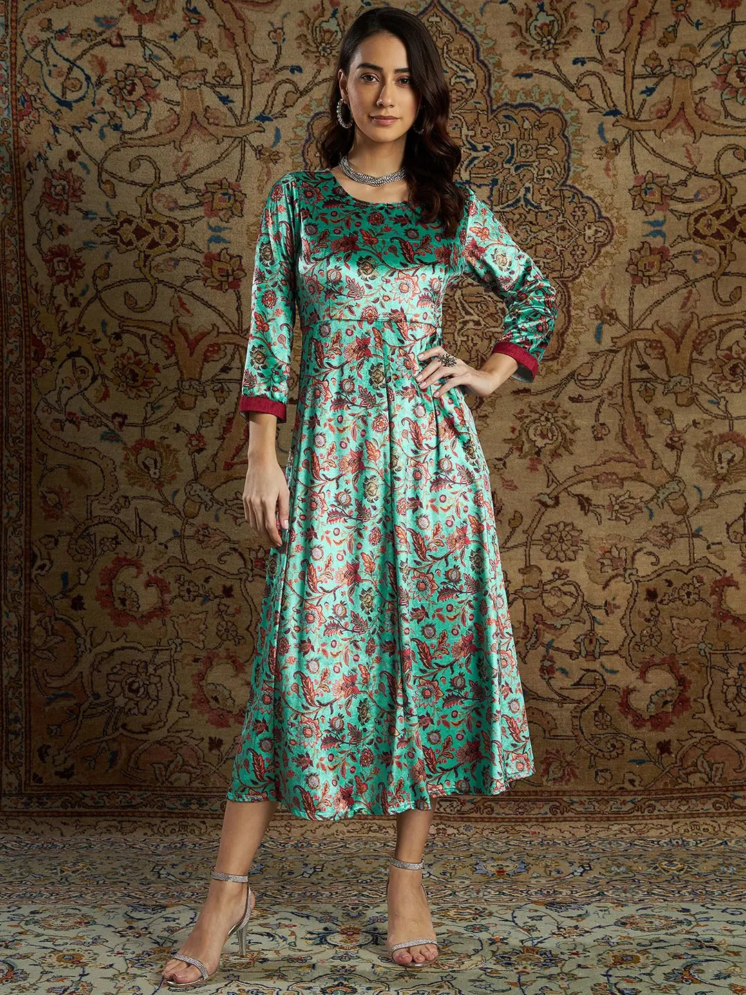 Sea Green Floral Velvet Anarkali Dress | Anarkali Suits Online