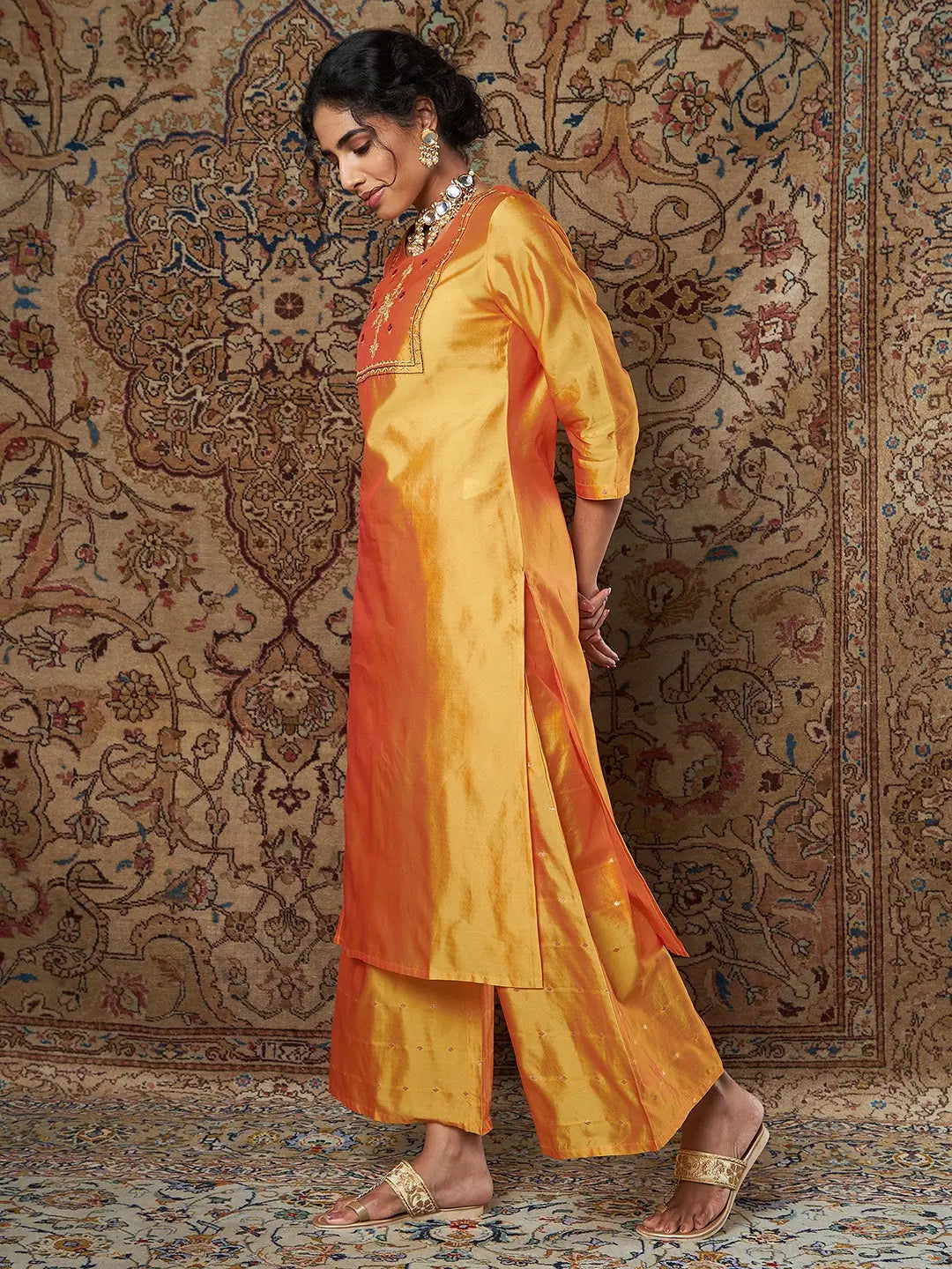 Mustard Zari Embroidered Indian Kurta for Women - Elegant Style