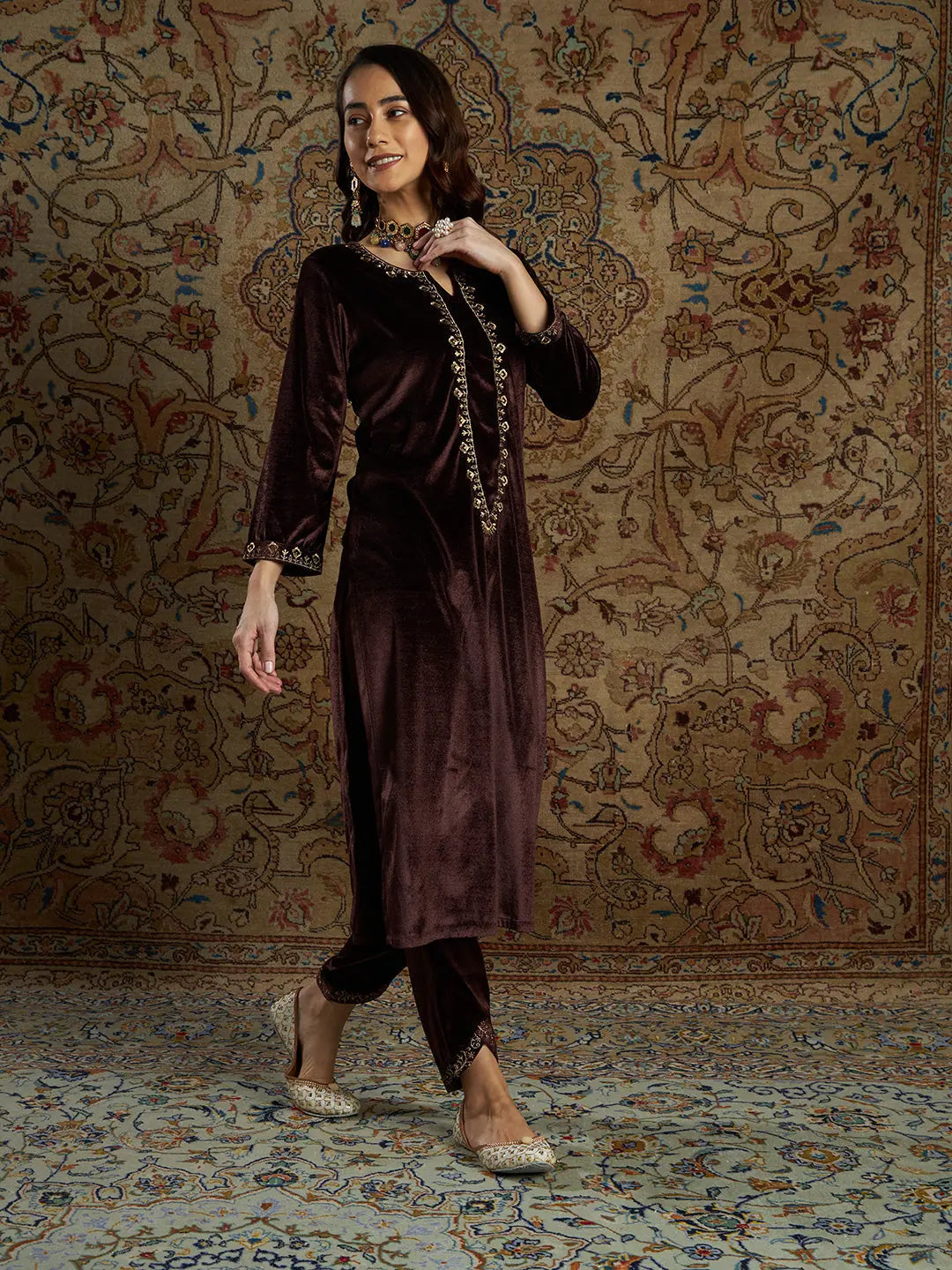 Brown Velvet Indian Kurta for Women - Zari Embroidered Kurtis