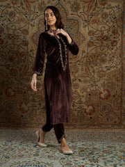 Women Brown Velvet Zari Embroidered Kurta