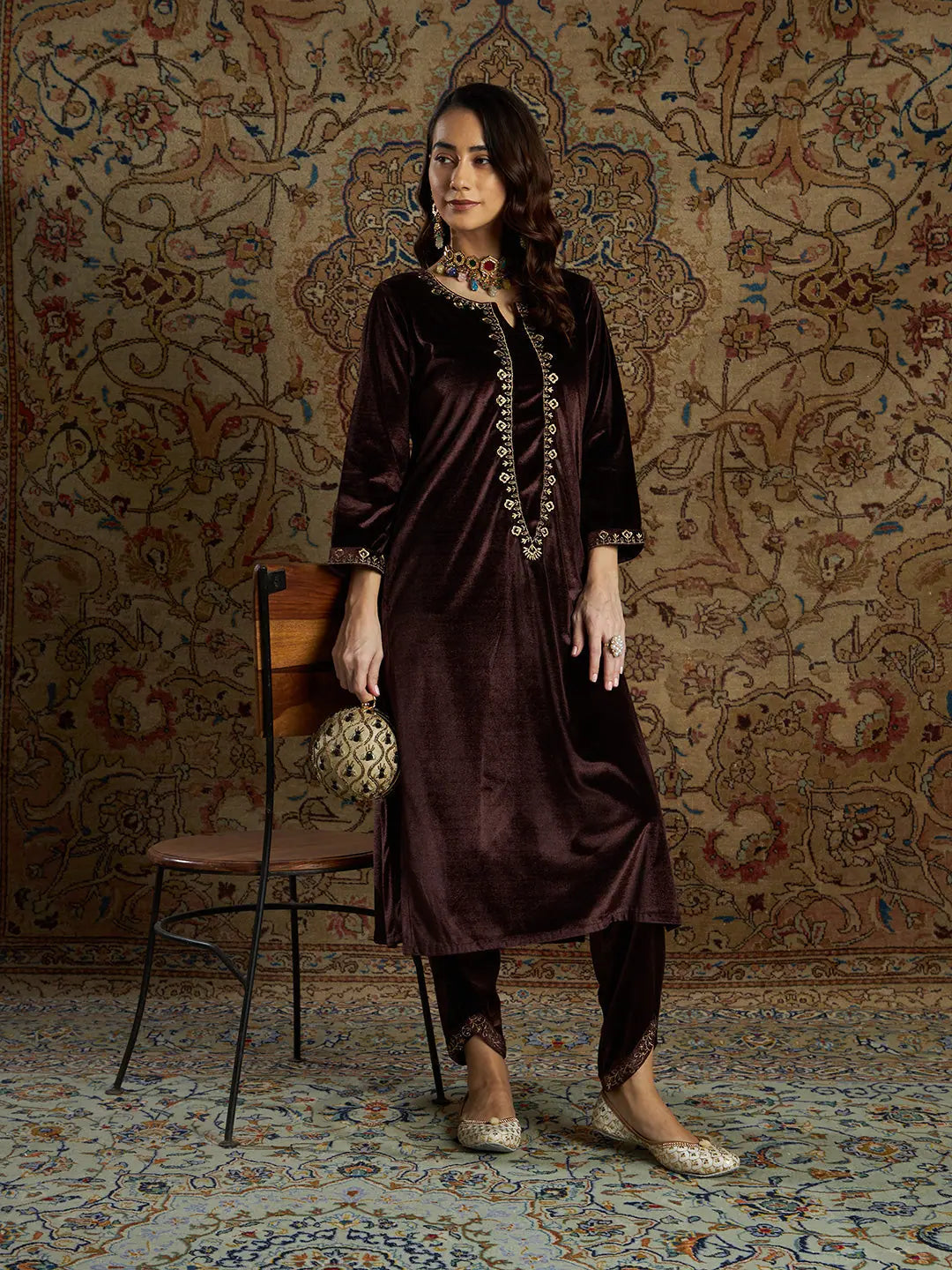 Brown Velvet Indian Kurta for Women - Zari Embroidered Kurtis