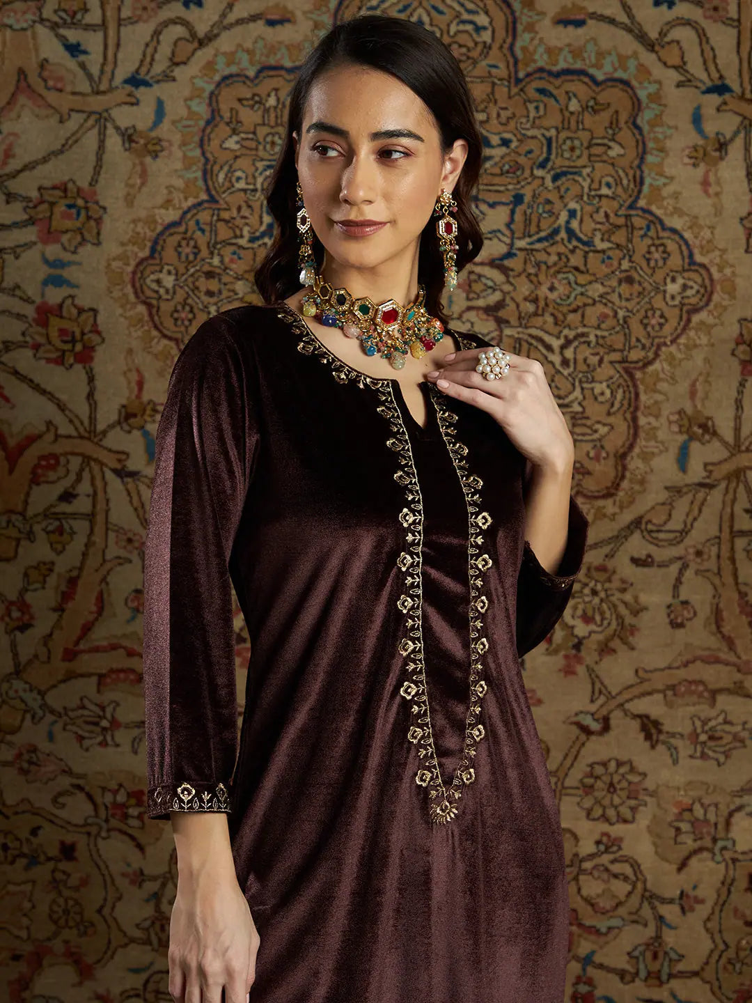 Brown Velvet Indian Kurta for Women - Zari Embroidered Kurtis