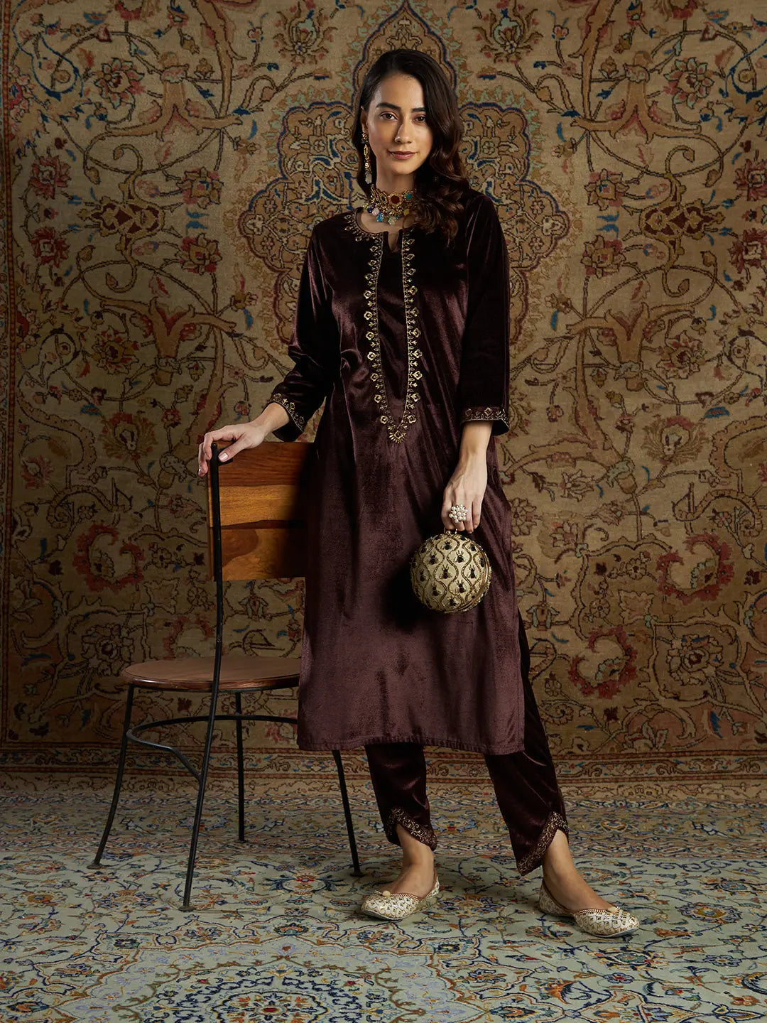 Brown Velvet Indian Kurta for Women - Zari Embroidered Kurtis