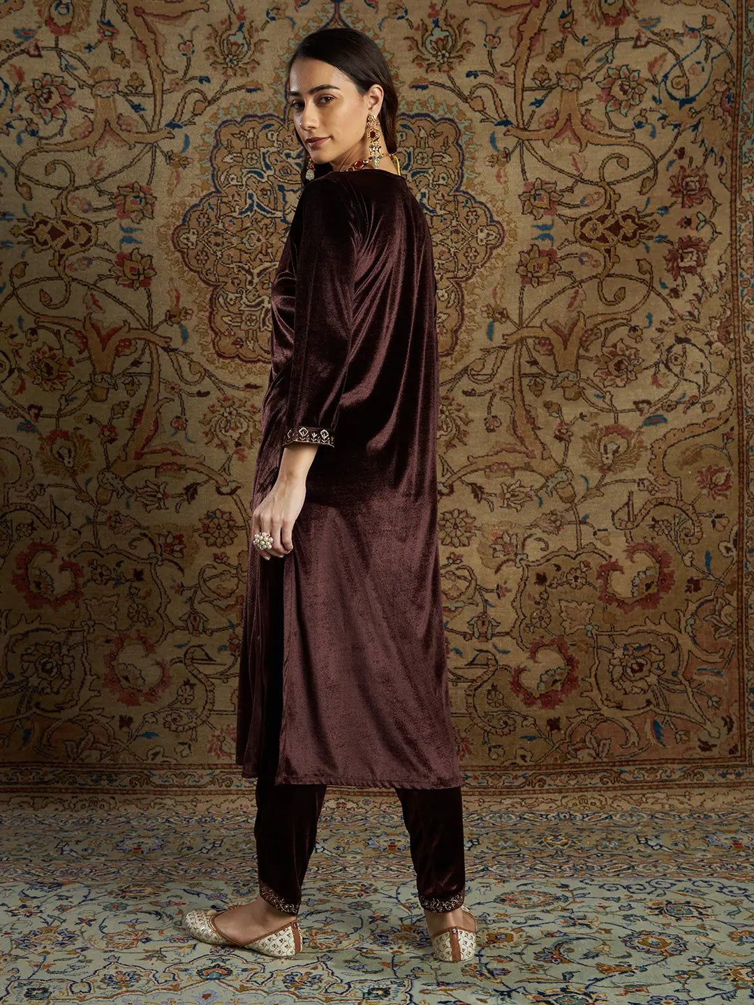Brown Velvet Indian Kurta for Women - Zari Embroidered Kurtis