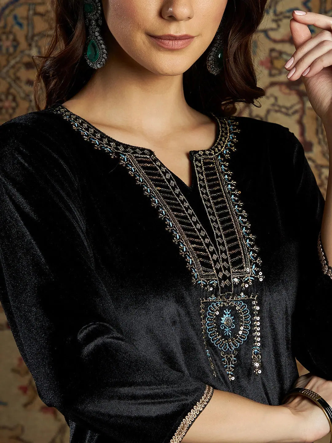Black Velvet Zari Embroidered Indian Kurtas for Women - Elegant
