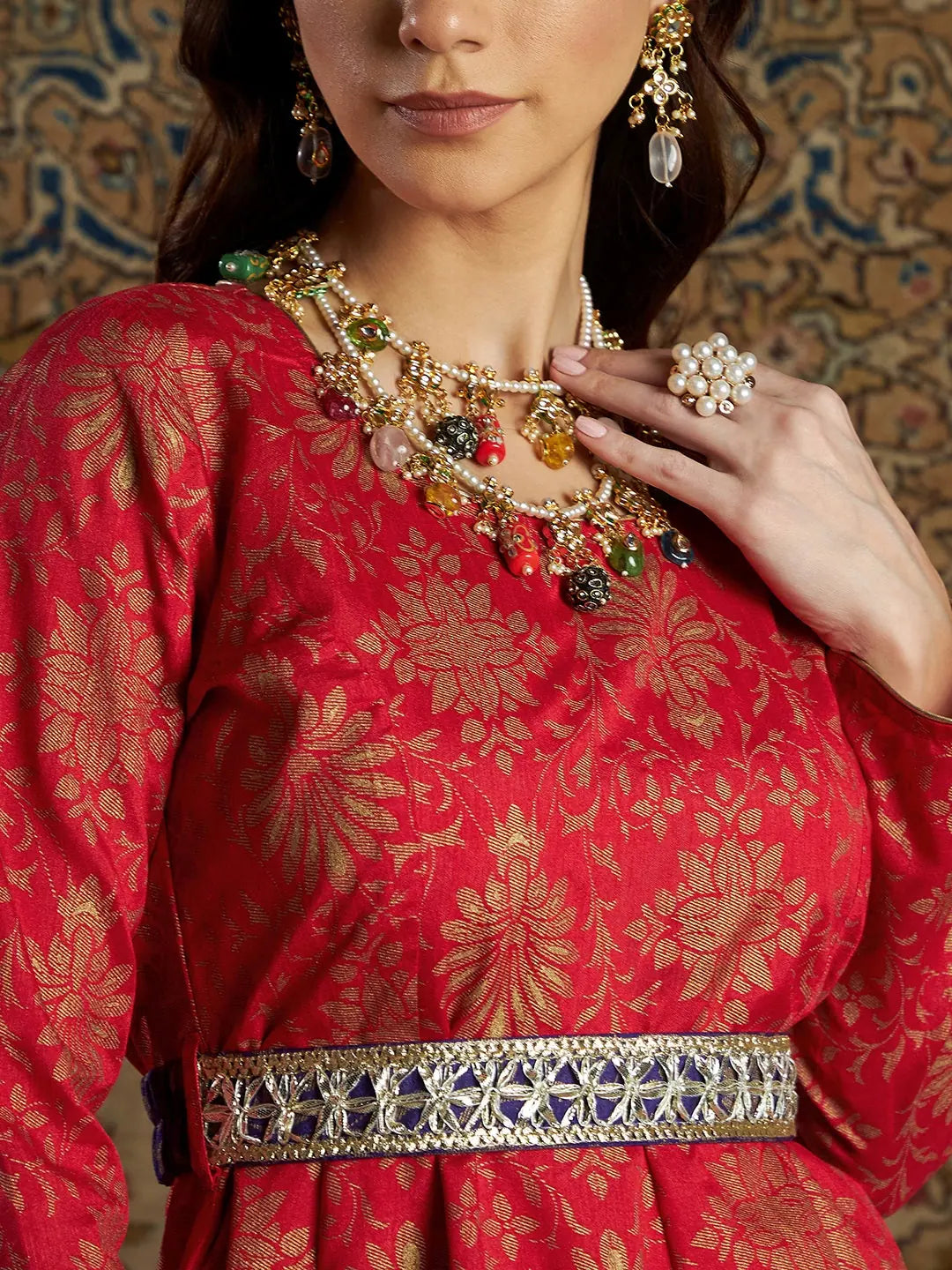 Red & Purple Brocade Floral Anarkali Dress | Maxi Anarkali Gown