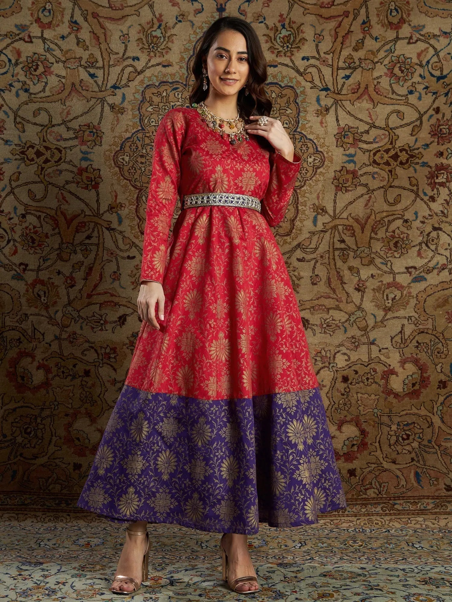 Red & Purple Brocade Floral Anarkali Dress | Maxi Anarkali Gown
