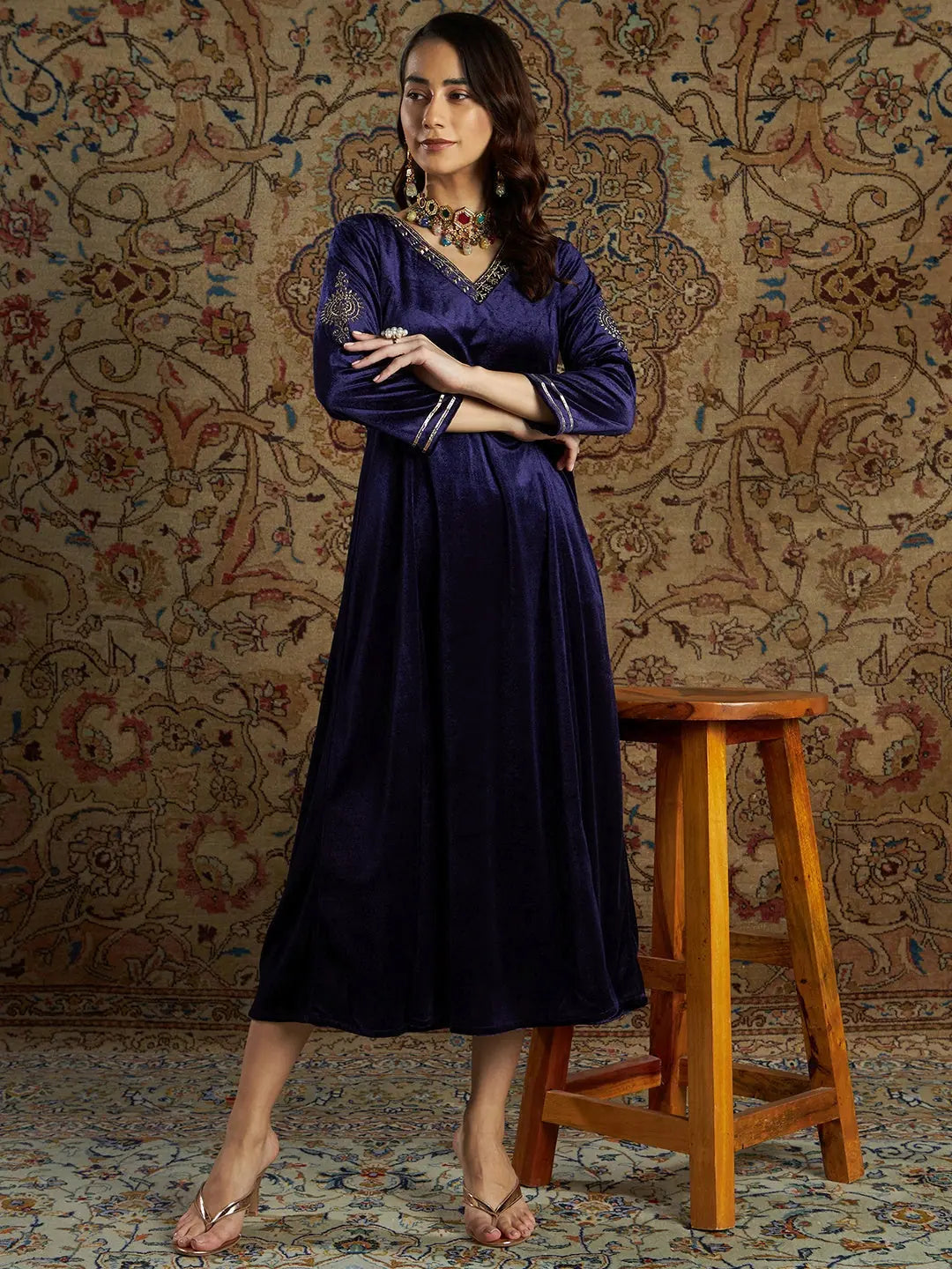 Navy Velvet Anarkali Dress | Zari Embroidered Anarkali Gown