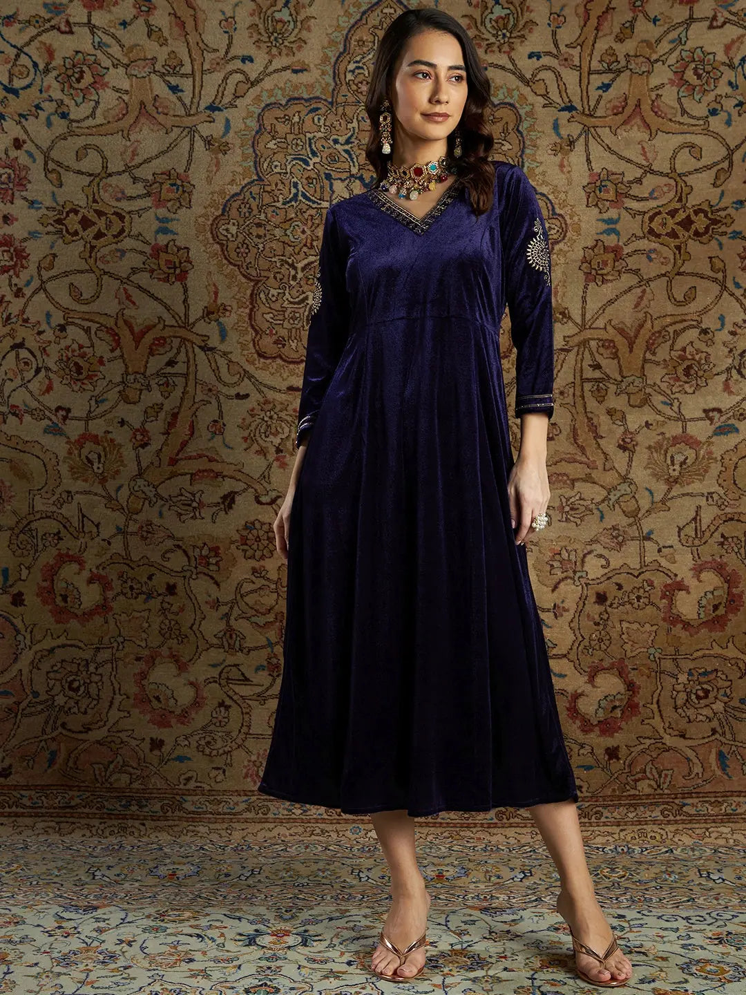 Navy Velvet Anarkali Dress | Zari Embroidered Anarkali Gown