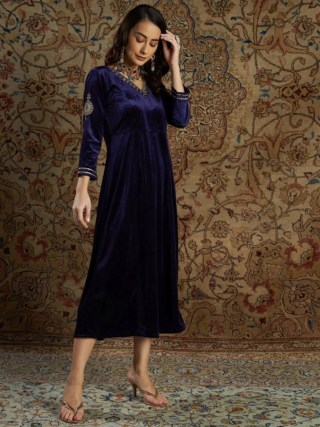 Navy Velvet Anarkali Dress | Zari Embroidered Anarkali Gown