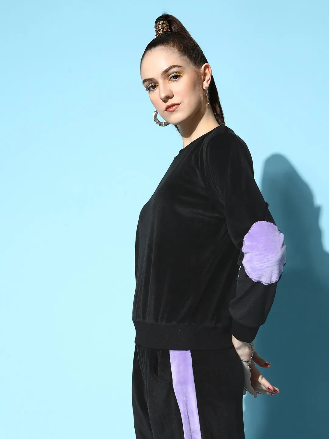 Black Velour Women's Lehenga Contrast Patch Sweatshirt