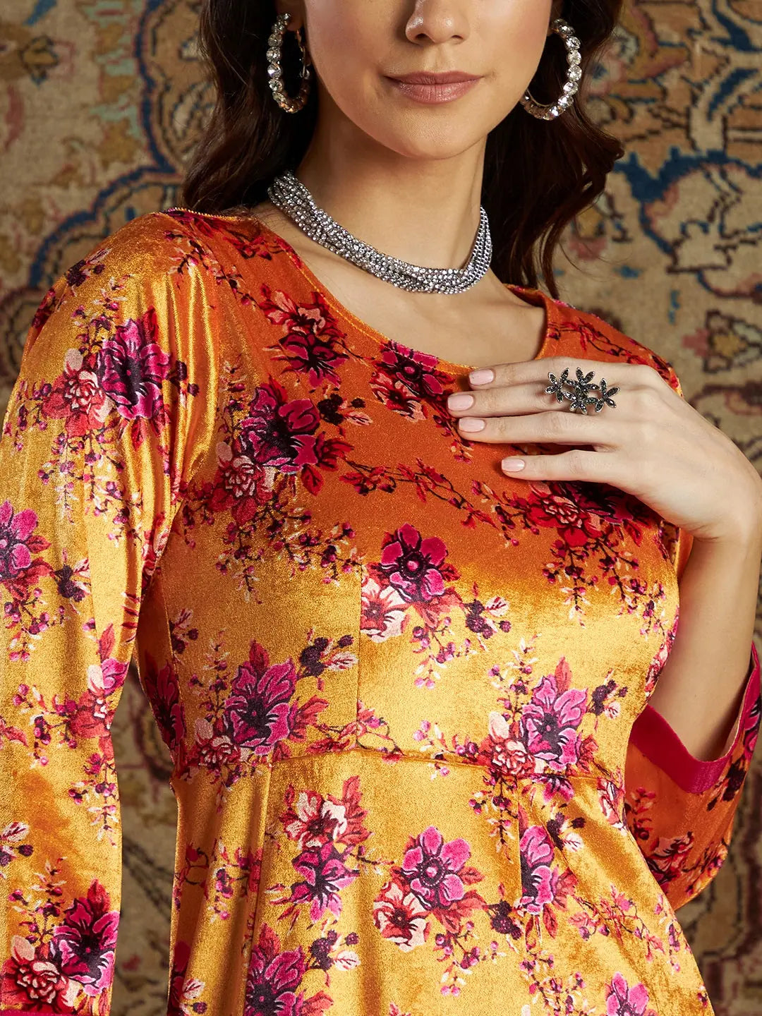 Orange Floral Anarkali Dress | Velvet Printed Anarkali Gown