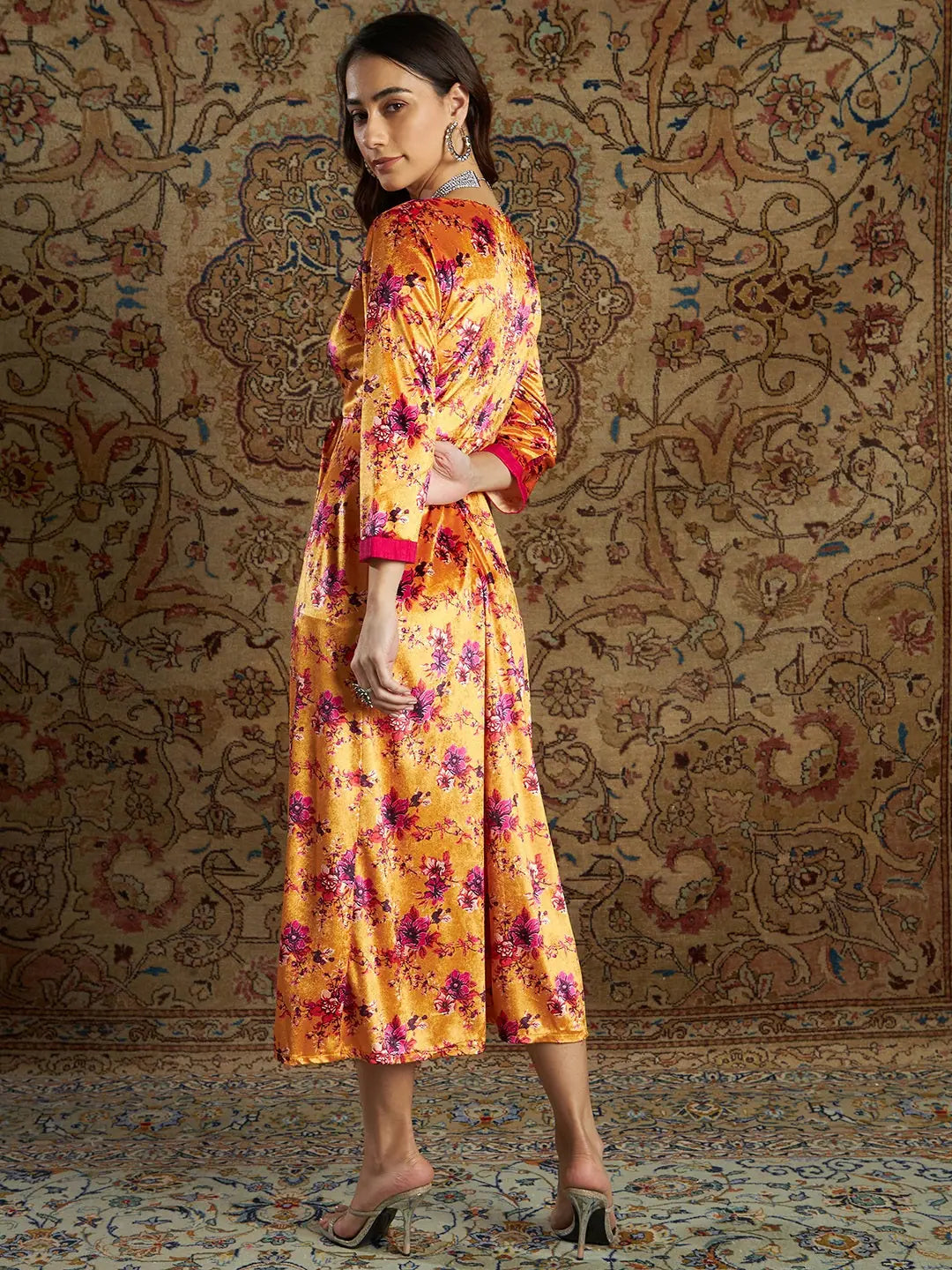 Orange Floral Anarkali Dress | Velvet Printed Anarkali Gown