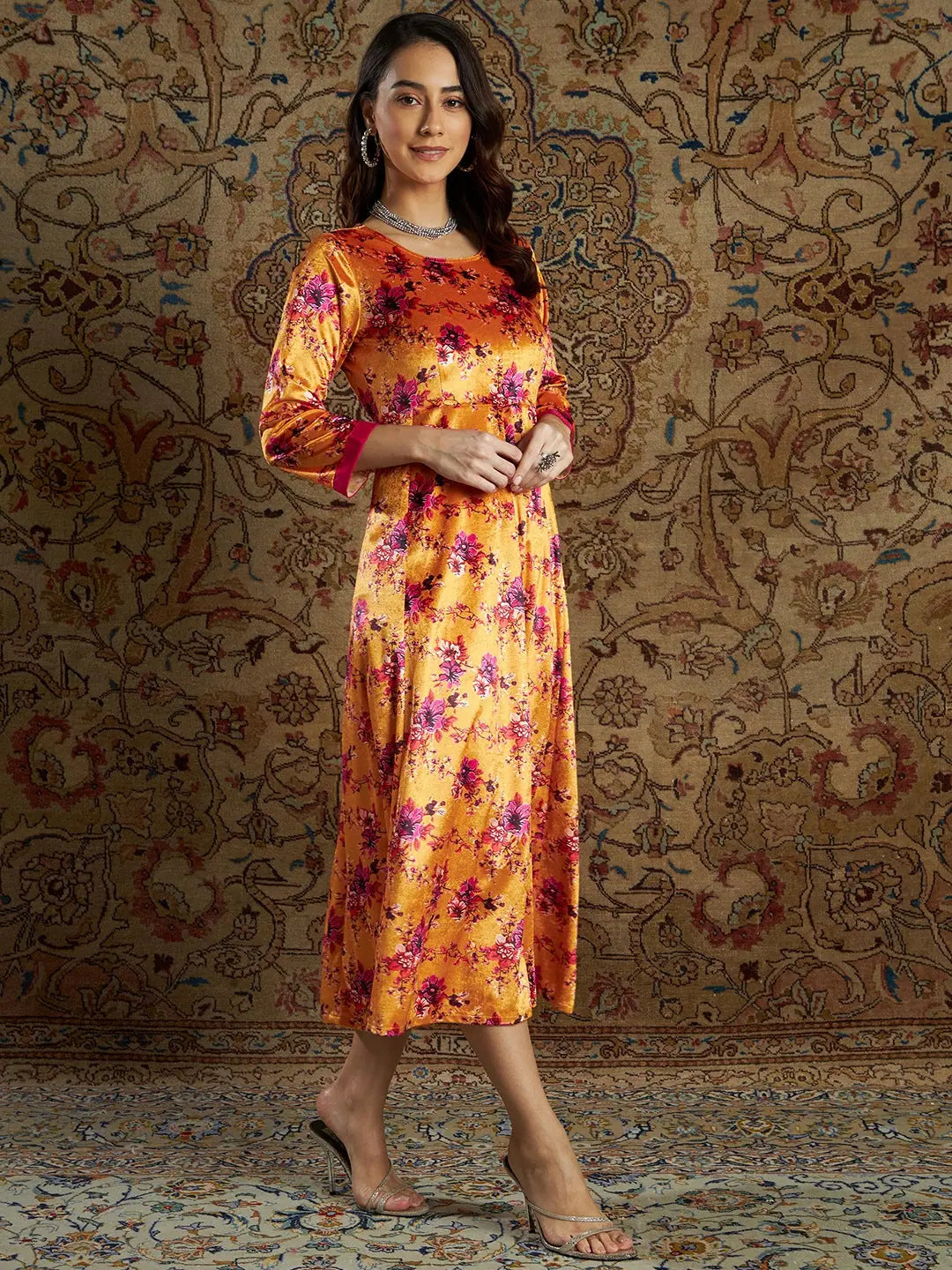 Orange Floral Anarkali Dress | Velvet Printed Anarkali Gown