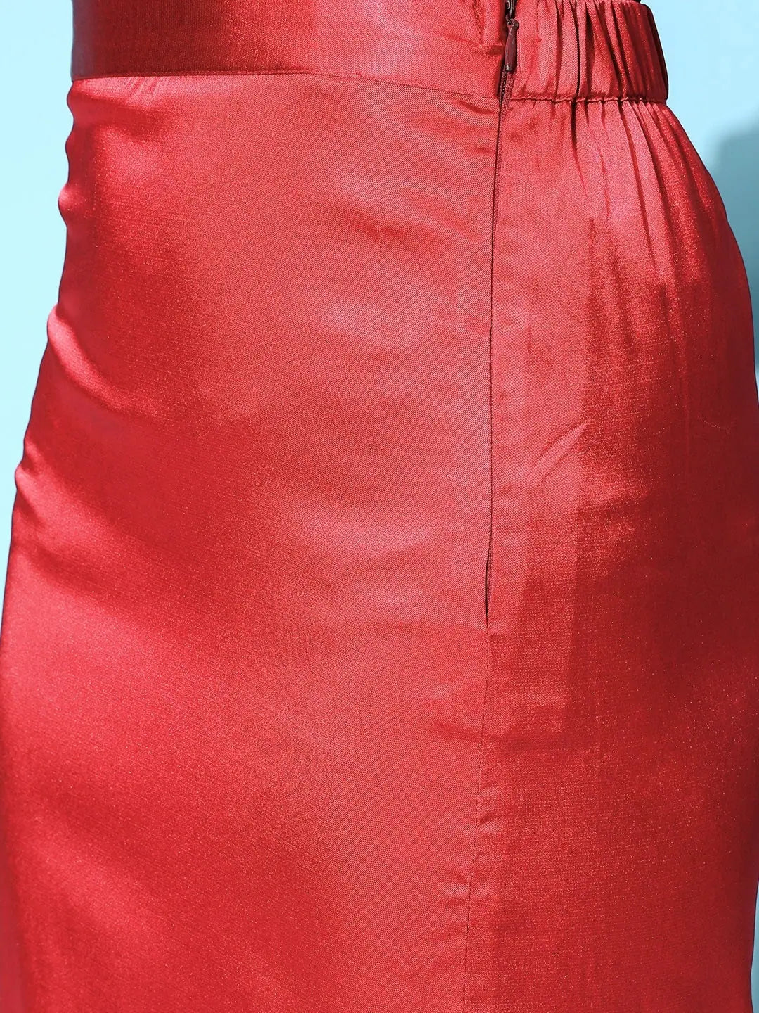 Red Lycra Satin Midi Skirt - Women's Western Wear Slit Skirt