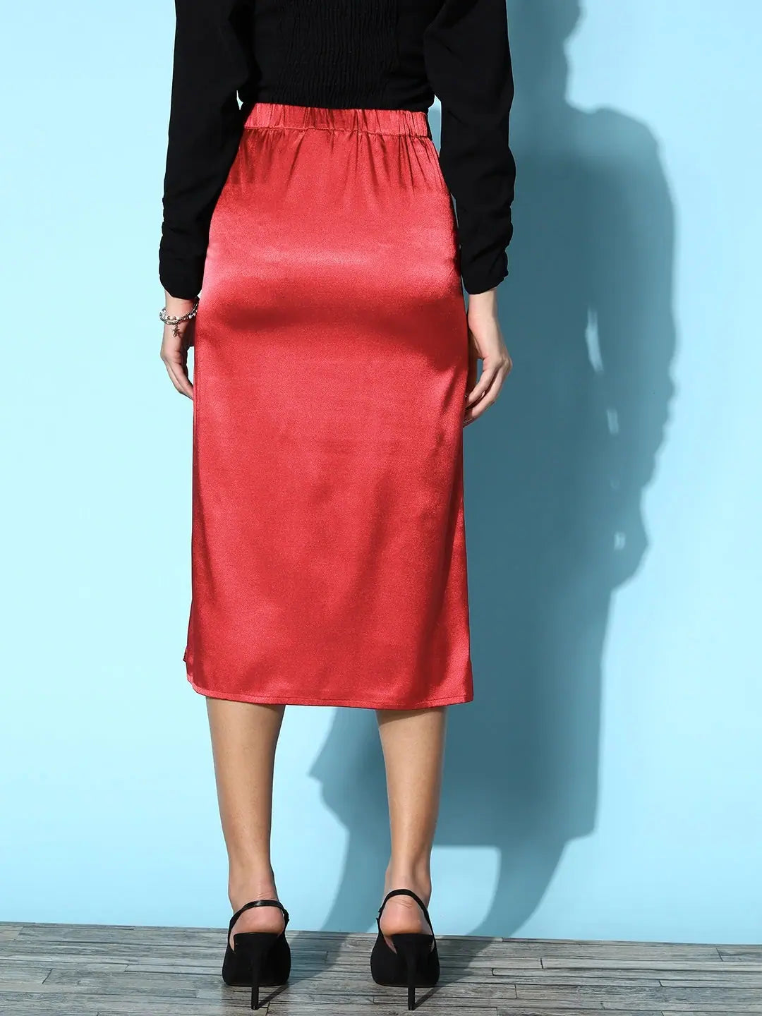 Red Lycra Satin Midi Skirt - Women's Western Wear Slit Skirt