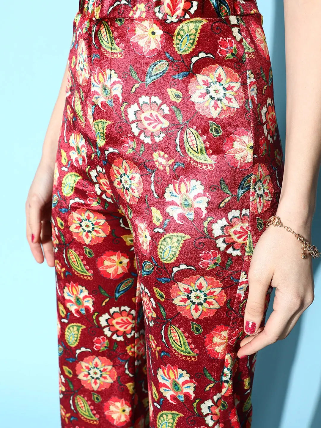 Maroon Floral Velvet Bell Bottoms | Women's Western Clothing