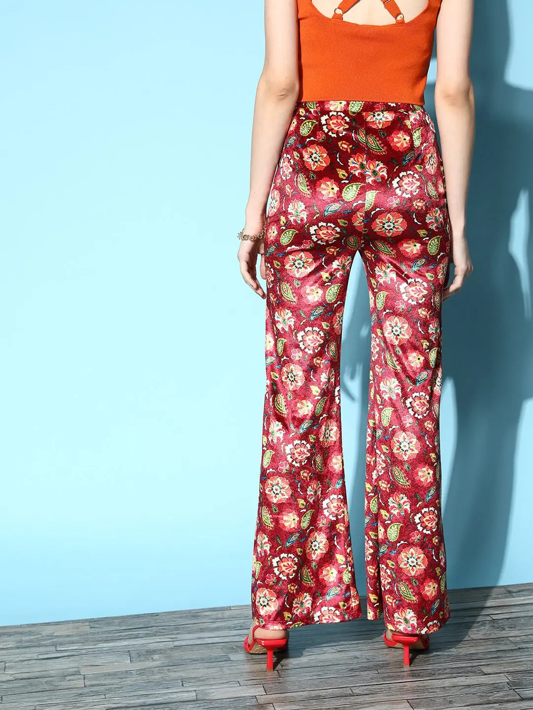 Maroon Floral Velvet Bell Bottoms | Women's Western Clothing