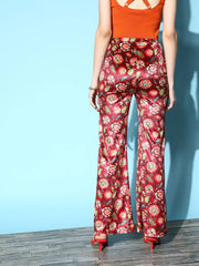 Women Maroon Floral Velvet Bell Bottom Pants