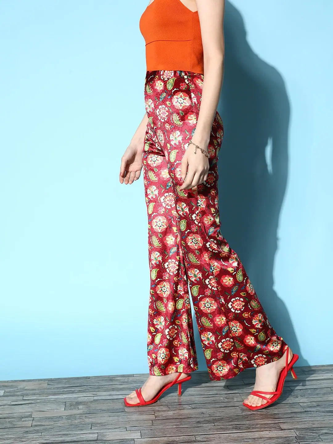 Maroon Floral Velvet Bell Bottoms | Women's Western Clothing