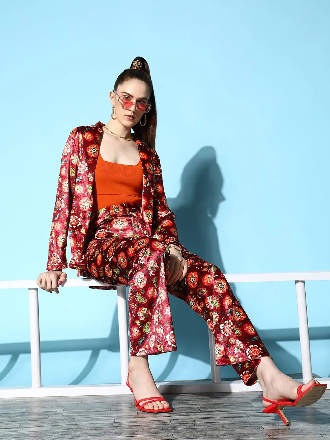 Maroon Floral Velvet Bell Bottoms | Women's Western Clothing