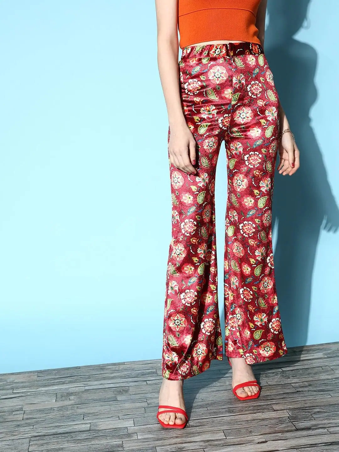 Maroon Floral Velvet Bell Bottoms | Women's Western Clothing