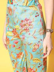 Women Turquoise Floral Velvet Bell Bottom Pants