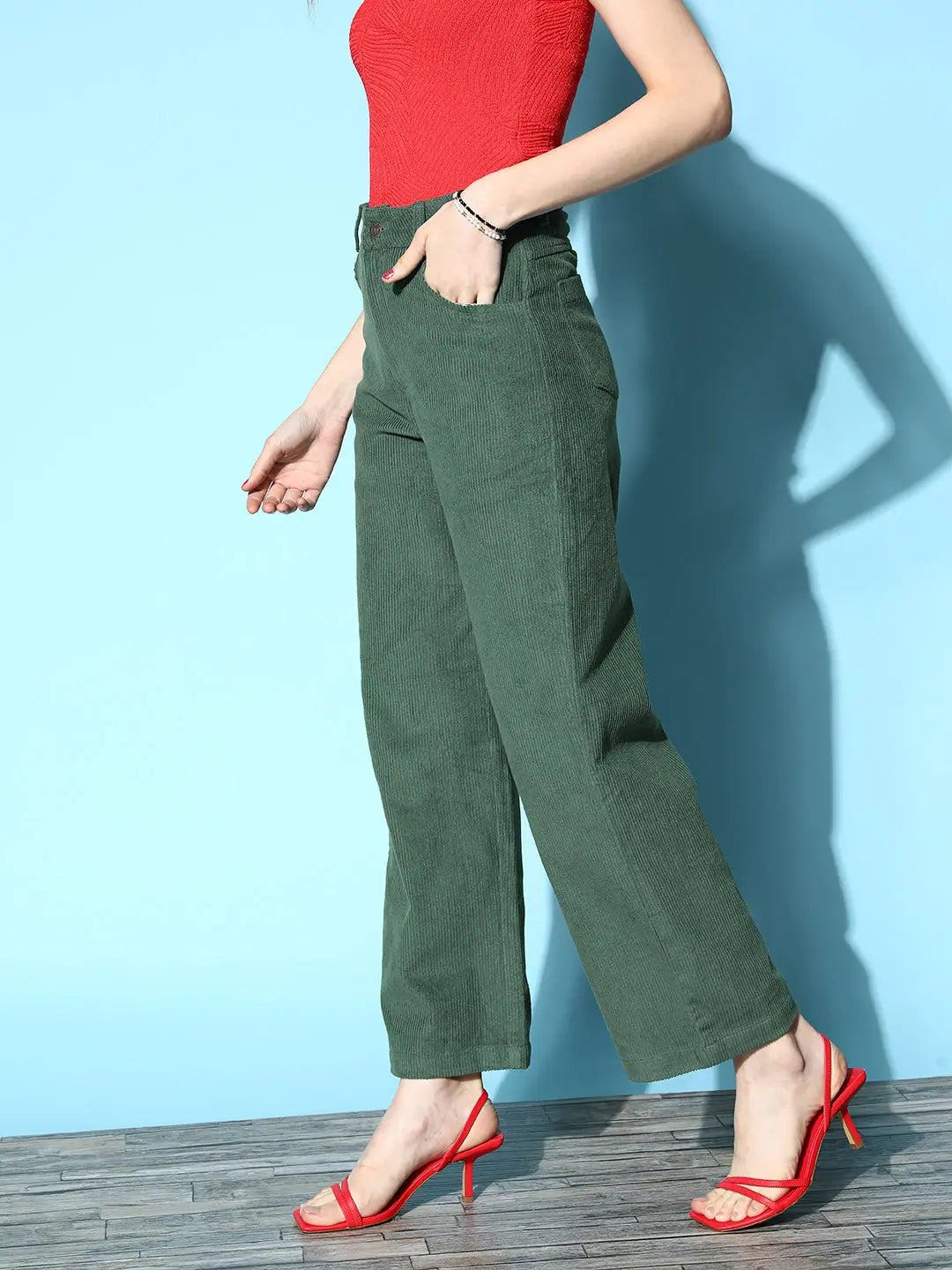 Green Corduroy Pants - Lehenga Choli Style Cotton Bottoms