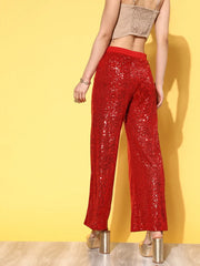 Women Red Sequin Party Straight Pants
