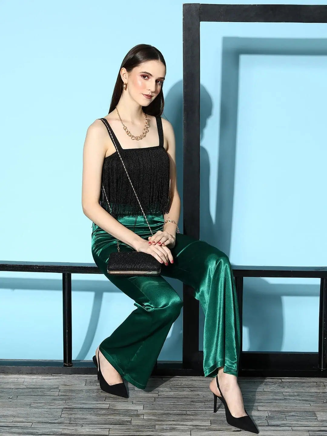 Green Lycra Satin Bell Bottom Pants | Festive Lehenga
