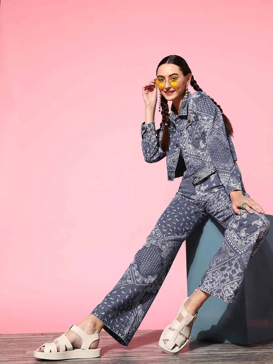 Women's Western Clothing - Blue Paisley Print Straight Jeans