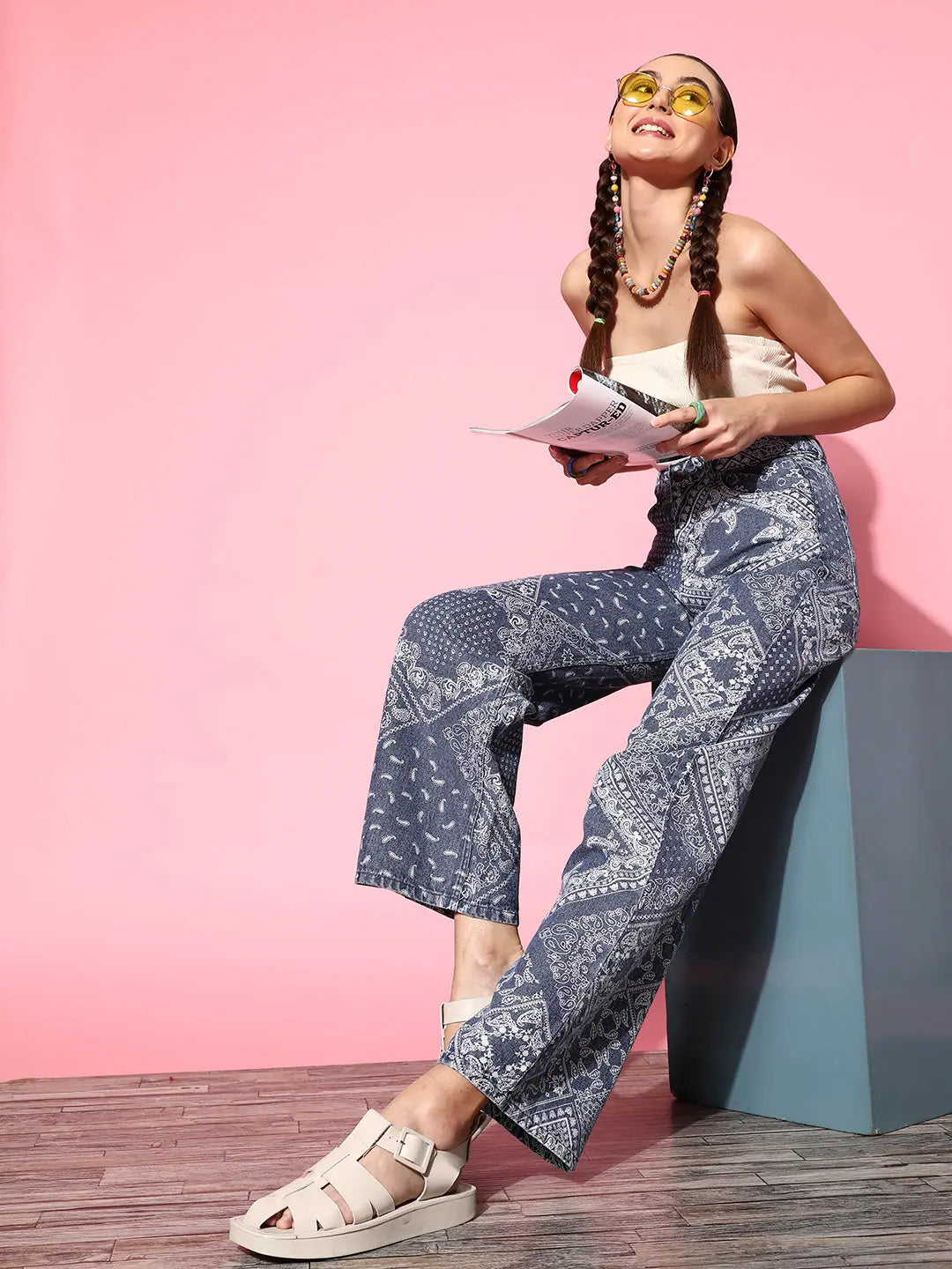 Women's Western Clothing - Blue Paisley Print Straight Jeans