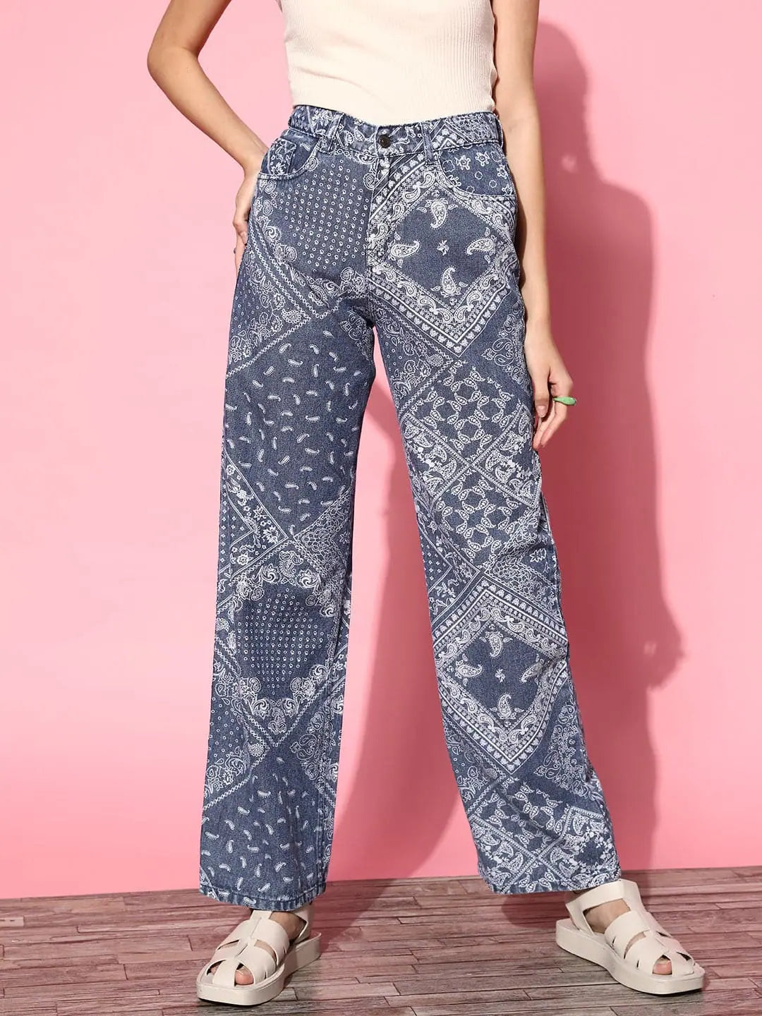 Women's Western Clothing - Blue Paisley Print Straight Jeans