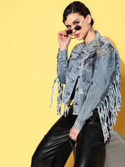 Women Embellished Blue Full Sleeve Jacket