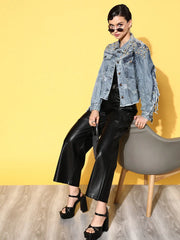 Women Embellished Blue Full Sleeve Jacket