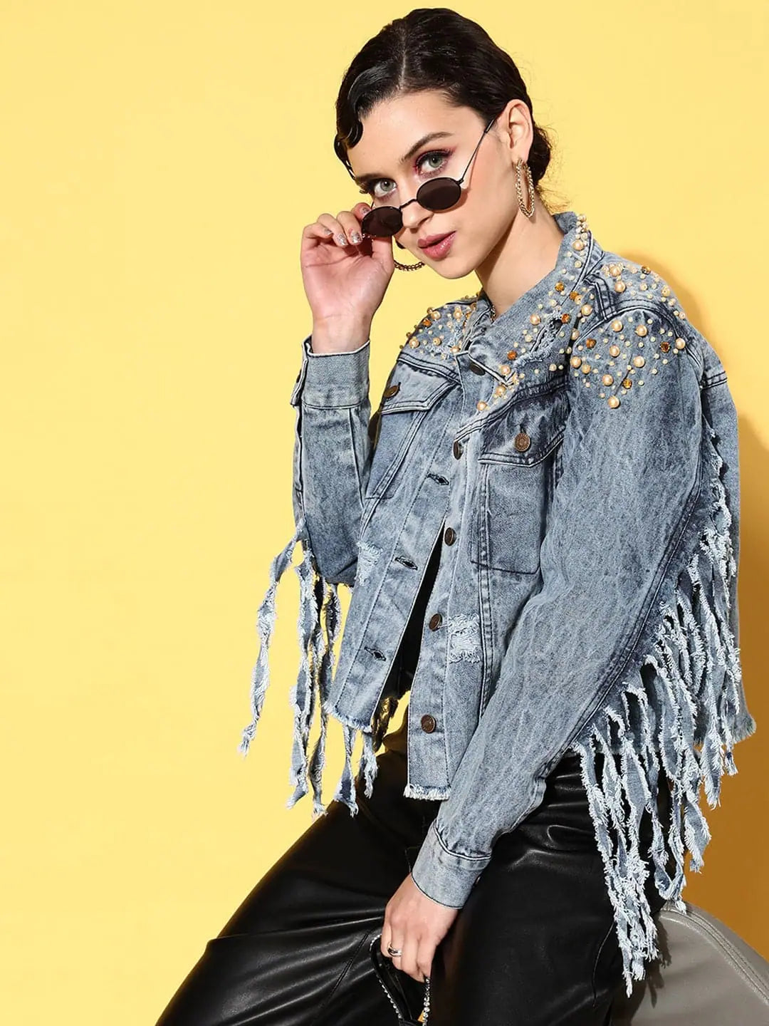 Women Embellished Blue Full Sleeve Jacket